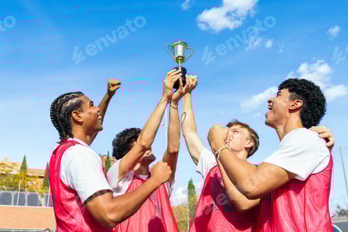Preview: Soccer team celebrating championship victory with trophy