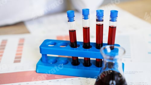 Preview: Test tubes on a stand and a flask with red blood on medical documents