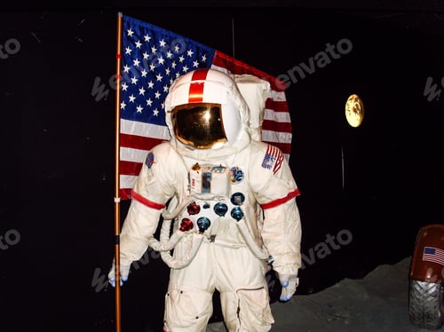 Preview: Astronaut on the moon with flag behind and Earth rising Air Force Museum Dayton Ohio Unique job work