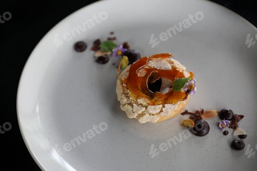 Preview: Chocolate Dessert Cake With Berry Sauce And Almond With Decorated
