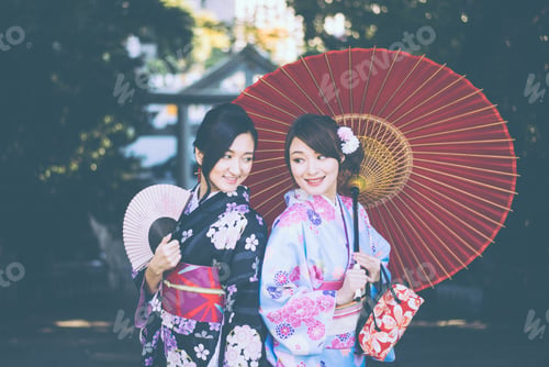 Preview: Two japanese girls wearing kimonos traditional clothes, lifestyle moments