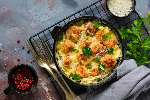 Preview: Meatballs with cheese and cream sauce in cast iron pan on gray vintage background. Top view