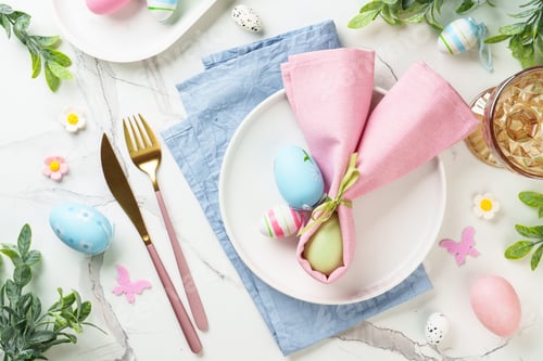 Preview: Easter food or table setting on white background.