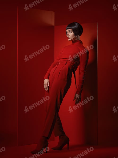 Preview: Fashion, posing and a woman on a red background, thinking with a vision for style and aesthetic. Se