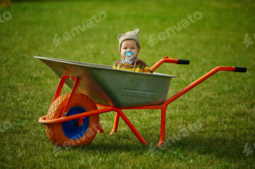 Preview: cute little boy sitting in wheelbarrow