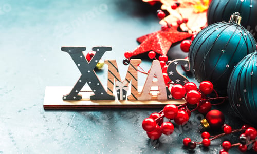 Preview: Blue Christmas or New Year background with red and blue Christmas balls, berries, stars