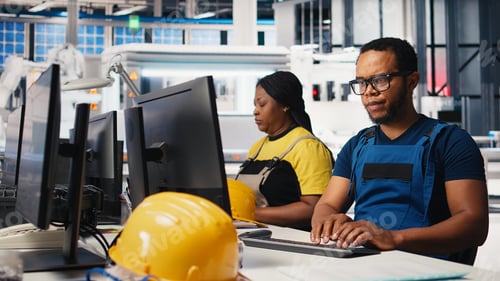 Preview: Black engineer runs diagnostic checks on solar panel assembly software