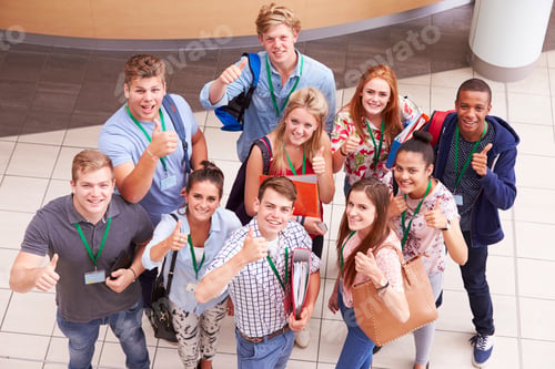 Preview: Overhead Portrait Of College Students Standing In Hallway