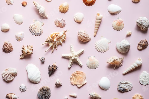 Aperçu: Collection de divers coquillages et étoiles de mer. Concept de plage et d'été