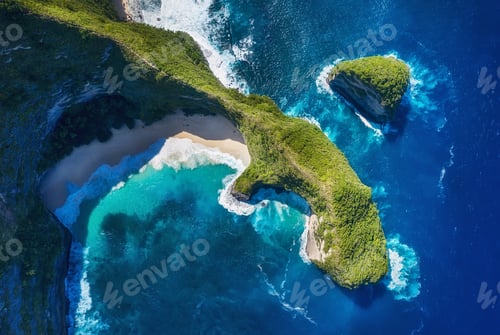 Preview: Aerial view at sea and rocks. Kelingking beach, Nusa Penida, Bali, Indonesia.