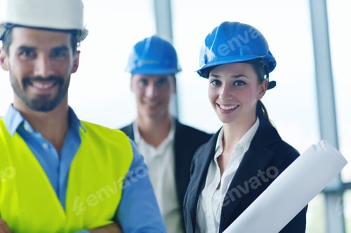 Preview: Business People Group On Meeting And Presentation In Bright Modern Office With Construction