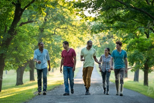 Preview: Five people walking down a tree lined avenue in the countryside.