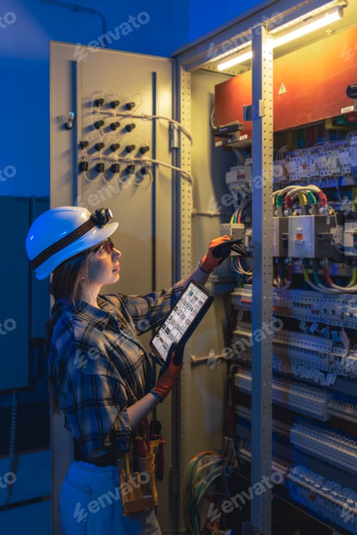 Preview: Female electrician works at open control cabinet. Technical audit.