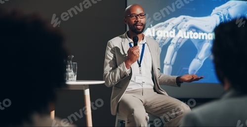 Preview: Black man, stage and microphone at conference for technically and AI discussion as public speaker.