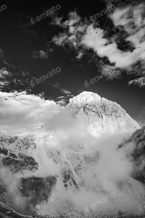 Preview: Mountain Peak Above Clouds. Black and White Monochrome Fine Art