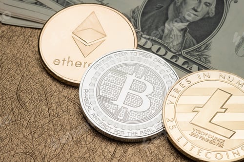 Preview: cryptocurrency Silver and gold Bitcoin,litecoin,ethereum on dollar banknote on golden
