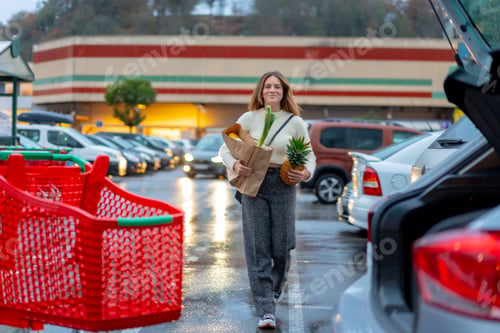 Preview: Woman with purchase from supermarket in parking lot, vegetarian food, reaching car