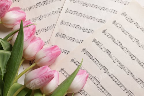 Preview: Beautiful tulips on sheets with music notes, top view