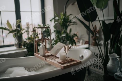 Preview: Luxury interior eco style modern bathroom with oval bathtub and champagne glass at natural lighting