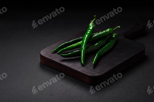Preview: Fresh hot green chili peppers on a dark concrete background