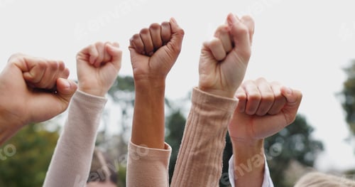 Preview: Fist, hands and people with diversity, outdoor and motivation or team building together for suppor