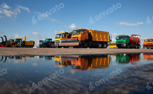 Preview: Colorful cars. Snowblower. Large snow removal machines at the airport. Road equipment. Grader, dump
