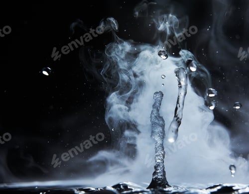 Preview: Boiling water splash with steam on black background closeup