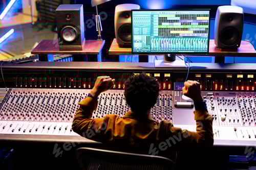 Preview: Confident sound engineer finishing a new hit song in professional music studio