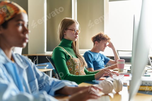 Preview: Group of People Sitting at Desks with Computers in Row