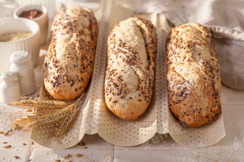 Preview: Hot wholegrain baguettes freshly baked in home bakery.