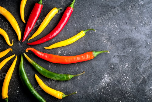 Preview: Variety of chili peppers. Red, green and yellow chili pepper on dark background top view