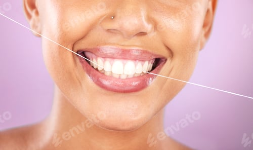 Preview: Teeth, dental floss and beauty with woman, face zoom and smile, cosmetic and oral healthcare agains