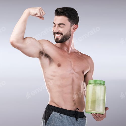 Preview: Protein shake, fitness and muscle with portrait of man for workout, health and bodybuilder. Diet, g