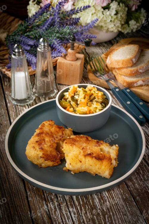 Preview: Pieces of fried cod fillet.