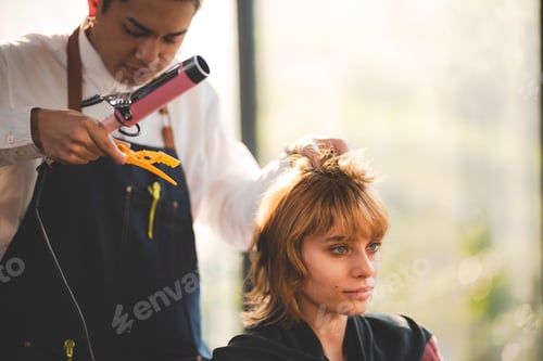 Preview: professional fashion hairdresser and hair beauty salon, hairstylist making treatment to woman client