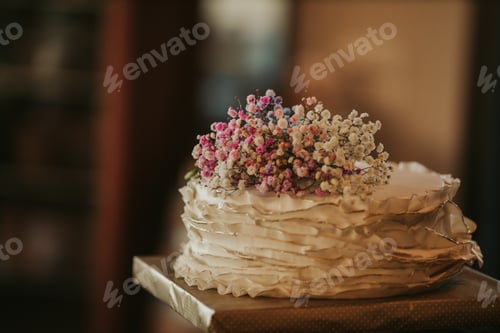 Preview: Closeup shot of a small white wedding cake with natural flowers