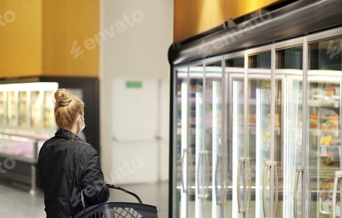 Preview: Supermarket Shopping, Face Mask And Gloves,Woman Choosing A Dairy Products At Supermarket
