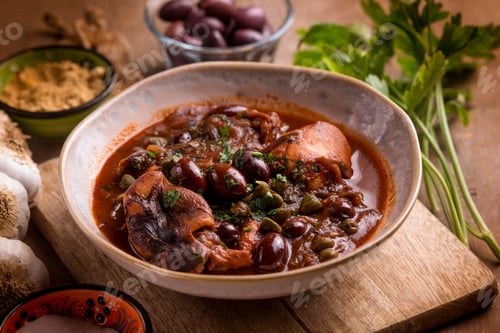 Preview: stewed polyps with tomato sauce black olives capers and parsley