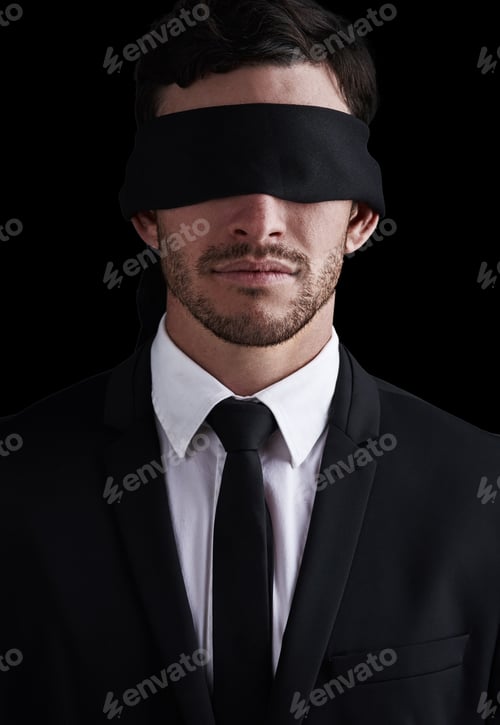 Preview: Dark, vision and a business man in a blindfold on a black background for control or censorship. Opp