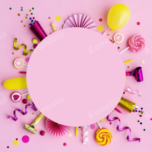 Preview: Pink birthday flat lay background
