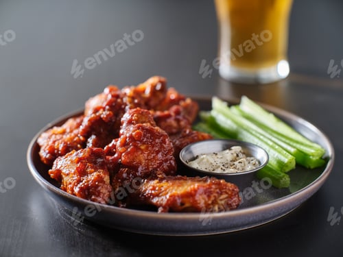 Preview: boneless bbq chicken wings with beer glass in background