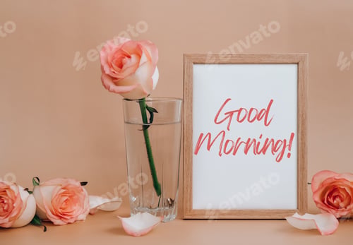 Preview: Mockup Wooden frame with text good morning on blank and delicate pink roses on beige background