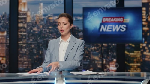 Preview: Charming journalist reporting events closeup. Lady newscaster ending live news
