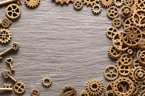 Preview: Various metal cogwheels, gear wheels and keys