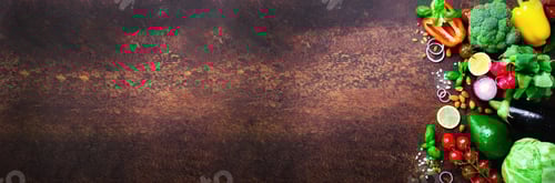 Preview: Set of fresh vegetables on brown background. Aromatic herbs, onion, avocado, broccoli, pepper bell