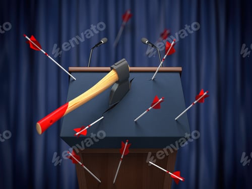 Preview: Critics and disagreement with politician speech on debates concept. Tribune with axe and arrows.
