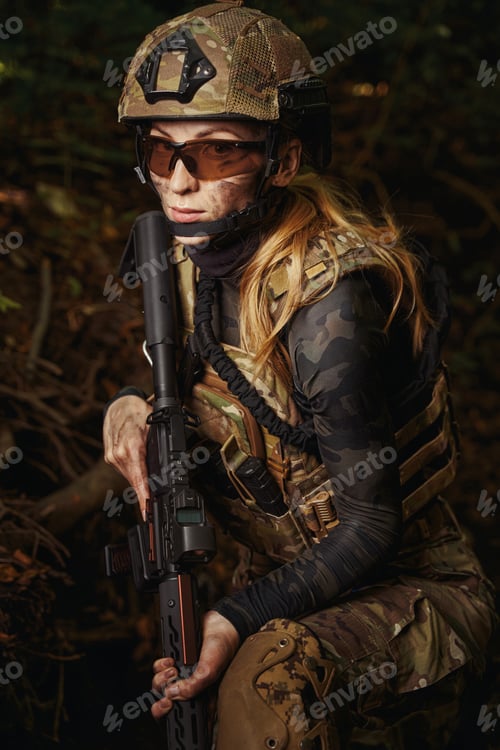 Preview: Female person sitting on barks with gun