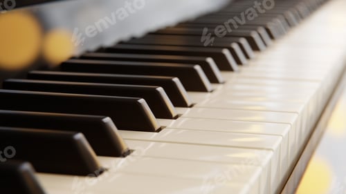 Preview: Piano keyboard close up view with selective focus. Warm color toned