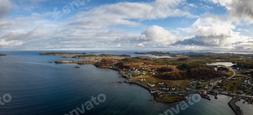 Preview: Aerial view of a small town on a rocky Atlantic Ocean Coast. Newfoundland, Canada