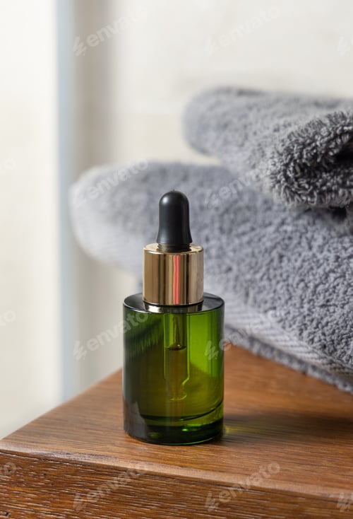 Preview: Green dropper bottle near grey folded towels on wooden countertop in bathroom, mockup